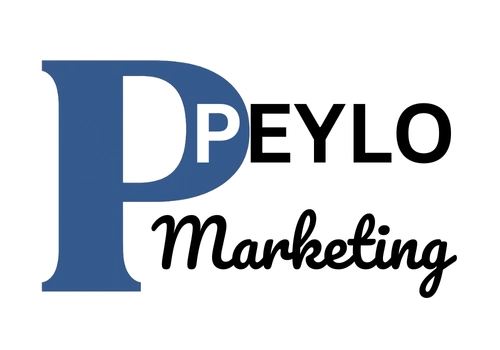 Logo von Peylo Marketing mit großem blauen P und schwarzer Schrift.